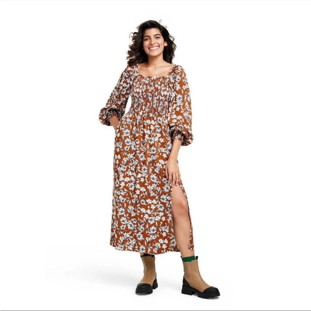 La Ligne Brown Floral Smocked Waist Midi Dress Long Sleeve Pockets